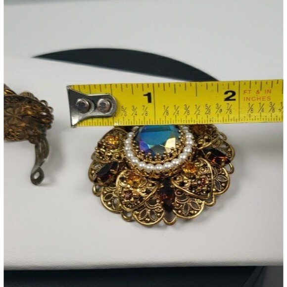 Vtg West Germany Aurora Borealis Amber Topaz Rhinestone Faux Pearl Brooch Set - Picture 16 of 16